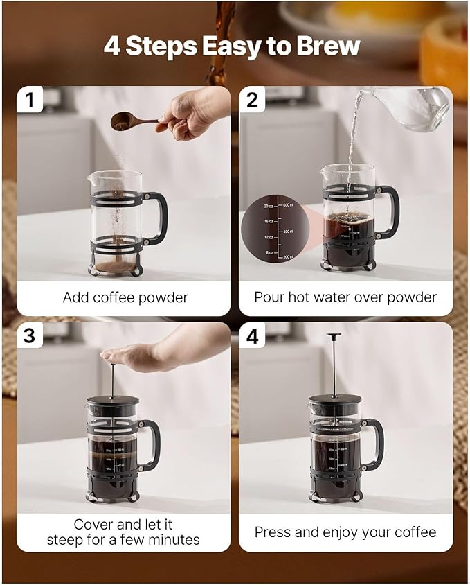 French Press Coffee Maker, 34oz 1 Liter Glass Coffee Press - Stainless Steel Filter, Cold Brew, Camping, Travel, Home, Silver