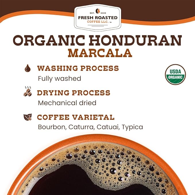 Fresh Roasted Coffee, Organic Honduran Marcala | USDA Organic, 100% Single Origin, Kosher | Medium Roast 12 oz Ground