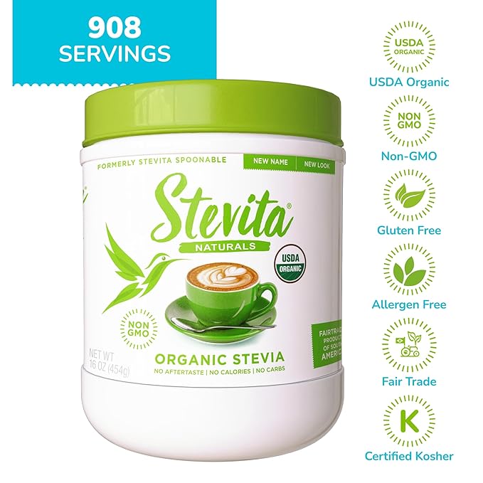 Stevita Organic Stevia - 16 oz - Stevia & Erythritol All-Natural Sweetener, No Calories - USDA Organic, Non-GMO, Vegan, Keto, Paleo, Gluten Free - 908 Servings