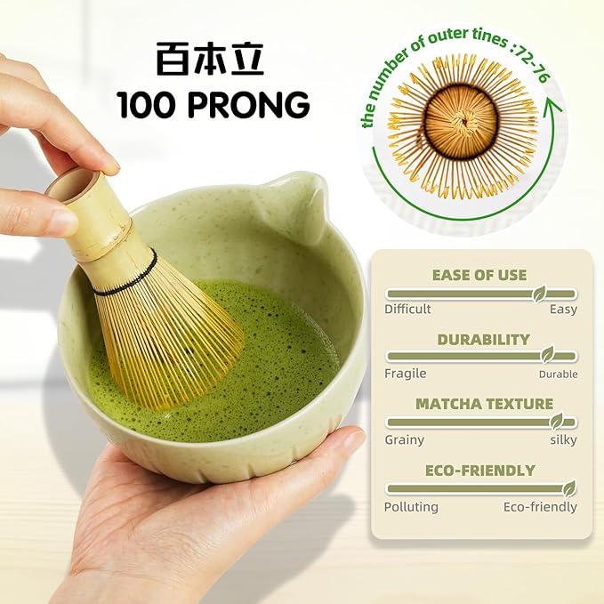 Matcha Whisk Set - 8PCS Japanese Tea Set Includes Matcha Bowl, Bamboo Whisk with Ceramic Holder, Bamboo Scoop, stainless steel sifter, tea towel, handle scoop,Matcha Kit for Ceremony(Green/8PC)