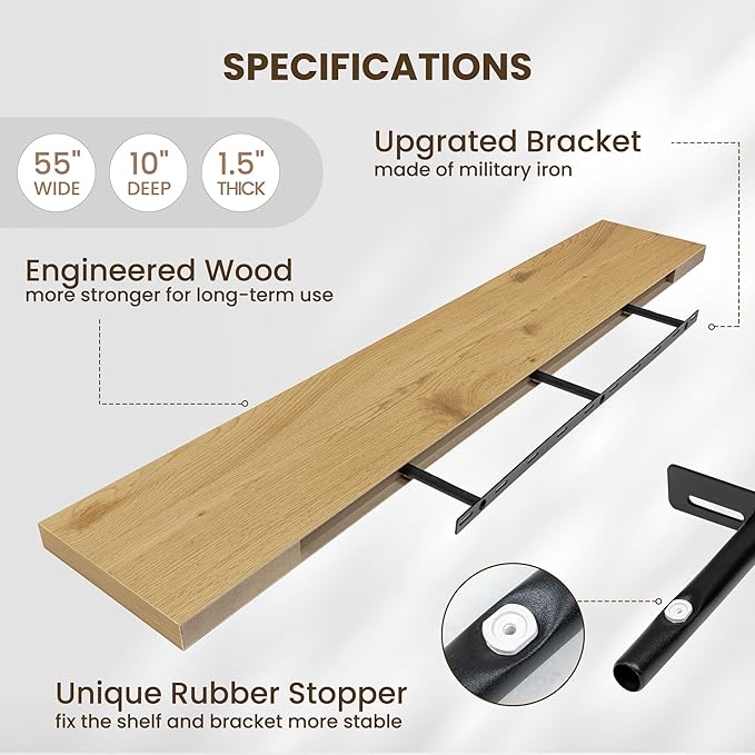 Fun Memories 48 Inch Floating Shelves for Wall - 10 Inch Deep Fireplace Mantel Shelf - Wood Floating Shelves for Wall - Large Storage Shelf Wall Mount for Living Room & Bedroom - Oak - Set of 1
