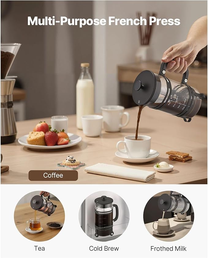 French Press Coffee Maker, 34oz 1 Liter Glass Coffee Press - Stainless Steel Filter, Cold Brew, Camping, Travel, Home, Silver
