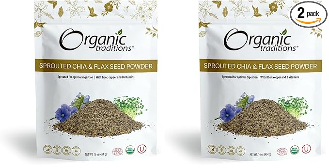 Organic Traditions Sprouted Chia and Flax Seed Powder Organic Chia and Organic Flax for Plant Based Non-GMO Superfood 454g/16oz Bag (Pack of 2)