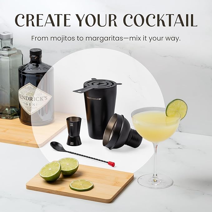 Modern Mixology Cocktail Shaker Set - 8 Piece Bartender Kit with Martini Shaker and Popular Bar Accessories on Quality Pine Stand - Leak Proof Design (Black)