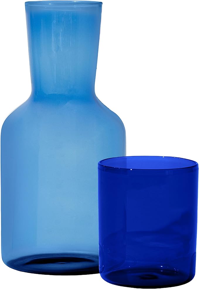 Glass Carafe and Cup Set | BPA Free, Dishwasher Safe, Durable & Lightweight | Ideal for Cold & Hot Beverages - Light Blue & Cobalt