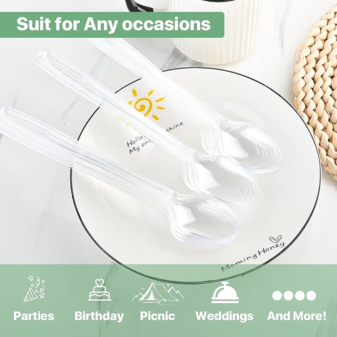 9" Clear Plastic Spoons, Heavy Duty Disposable Spoons, Long Handle Spoon, Plastic Cutlery for Cocktail Stirring Dessert Milkshakes Ice Cream Tea and Floats (48 Pack)