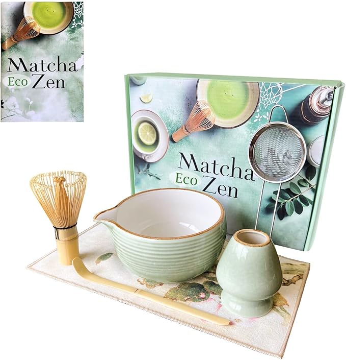 AROU - Matcha Eco Zen 7Pcs Matcha Set Whisk and Bowl, Small Whisk with Holder, Tea Cloth, Sifter, Bamboo Scoop – Spill Free Ceremonial Grade Japanese Tea Set with Handbook – Ideal for Beginners