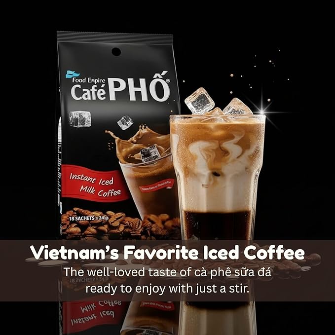 Cafe Pho Vietnamese 3in1 Instant Coffee Mix, Iced Milk Coffee, Cafe Sua Da, Single Serve Coffee Packets, Bag of 18 Sachets, Pack of 1-15 Months Shelf Life