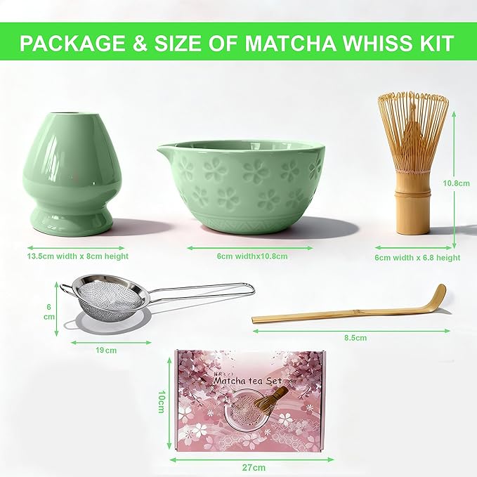 5-Piece Green Ceramic Matcha Set – Matcha Bowl with Spout, Stainless Steel Sifter, Whisk Holder – Complete Matcha Kit for Tea Lovers, Ideal Gift for Christmas, Birthday, and Home Use