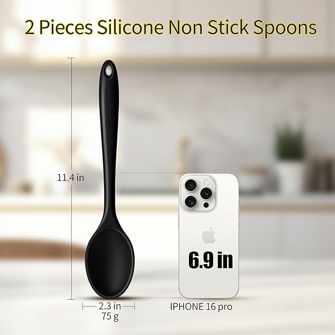 2 Pcs Silicone Spoons,10.8 Inch Mixing Spoons for cooking,Heat Resistant for Kitchen Cooking Baking Stirring Mixing Tools (BLACK)
