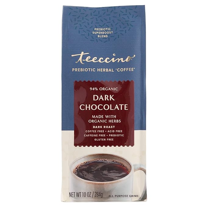 Teeccino Dark Chocolate Prebiotic SuperBoost™ Coffee Alternative - Support Probiotics with Caffeine-Free Herbal Coffee Featuring 3 Vegan Prebiotics for Gut Health, 10 Ounce, Pack of 6