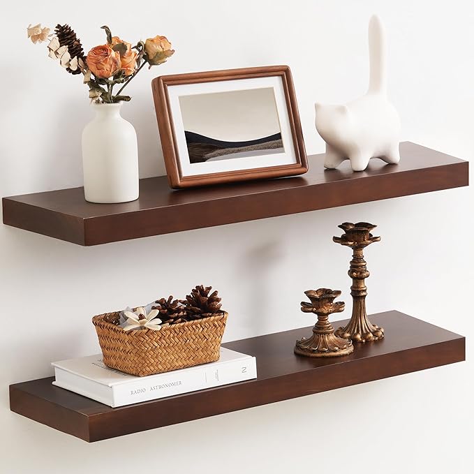 Fun Memories Farmhouse Floating Shelves - 8 Inch Deep Rustic Wood Wall Shelf - Premium Solid Wood Storage Shelf for Kitchen Living Room Bedroom - 24" W x 8" D - Set of 2 - American Walnut Color