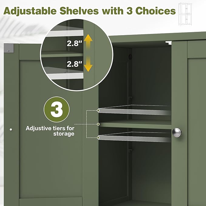 Nuturelly Bathroom Floor Storage Cabinet, Freestanding Pantry Cabinets with 4 Doors & 3 Adjustable Heights, Bathroom Organizers and Storage with Top Board & Metal Handles for Kitchen, Pale Green