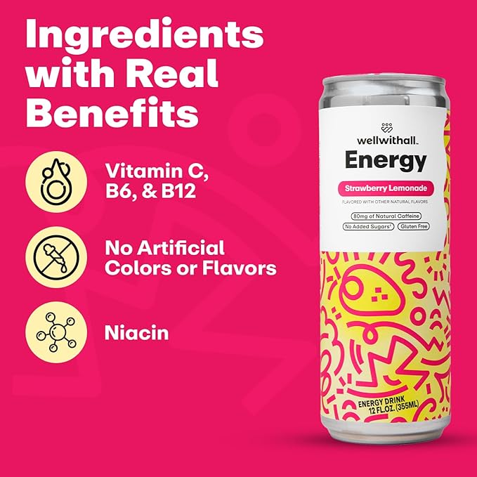 WellWithAll Strawberry Lemonade Energy Drink – Caffeine from Tea – With Vitamin C – Lightly Sparkling Beverage – Fruit & Veggie Juice Blend – 12 Oz (Pack of 12)
