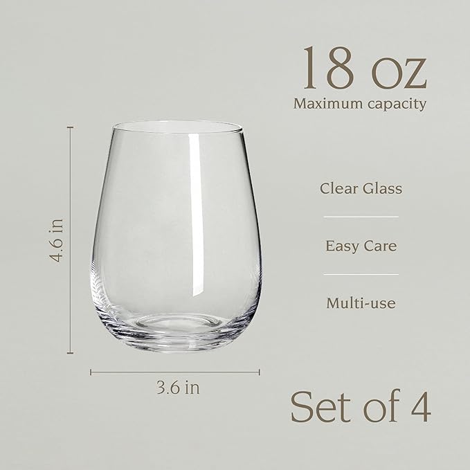 over&back 18oz Traditional Glassware - Set of 4 Classic Stemless Drinking Glasses for Parties, Get-togethers, and More - Mouth-Blown - Wine Cups for Kitchen and Dining Room - Clear