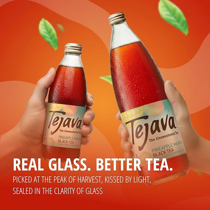 Tejava Pineapple Mango Black Iced Tea, 4 Pack, 12oz Glass Bottles, Unsweetened, Non-GMO, Kosher, No Sugar or Sweeteners, No calories, No Preservatives, Brewed in Small Batches