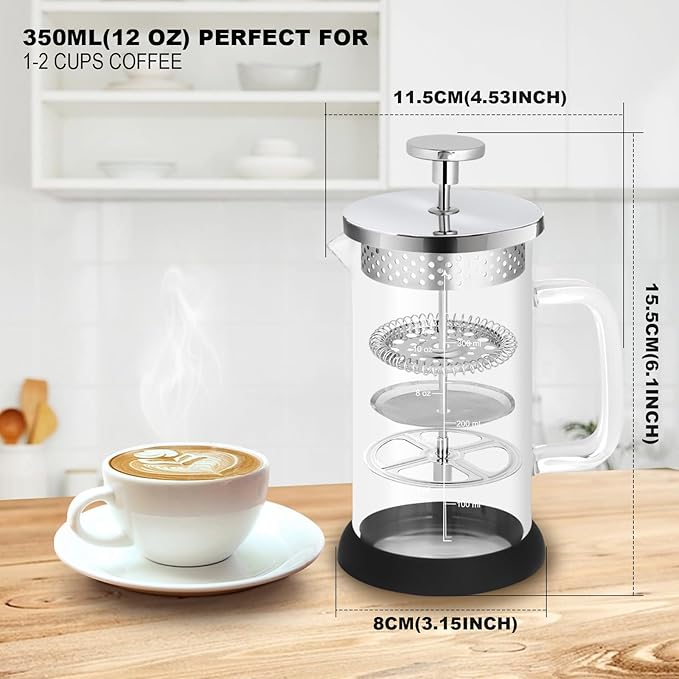 Mini French Press Coffee Maker-304 Stainless Steel Grilles, Borosilicate Glass Small Coffee Press,Non-slip Silicone Base-12 oz /350 ml with 2 Filter Screen-2 Cup Teapot