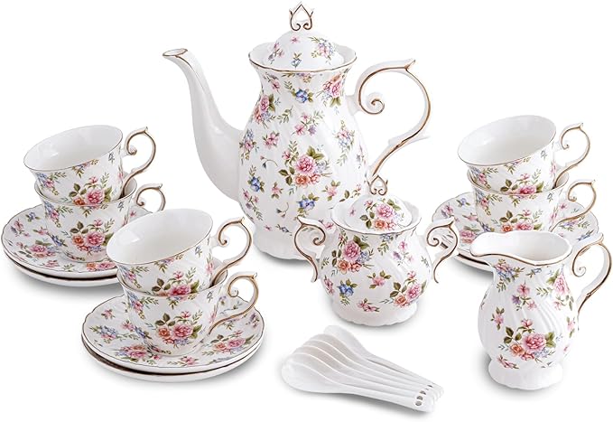 Tea Set 21-Piece Ceramic tea cups and saucers set of 6 with Sugar and Creamer Set,Teapot,teapot set for Adults, Women Tea Party (small crushed flower)