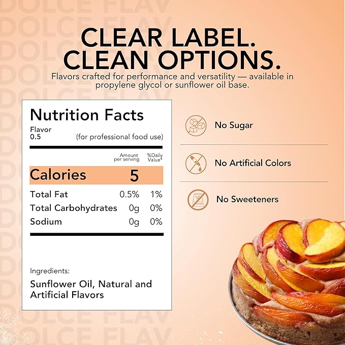 Dolce Flav Peach Extract – 2 Ounce Oil-Soluble Kosher, Sugar-Free, Concentrated Juicy Peach Flavoring for Baking, Chocolates & Desserts, Includes Measured Dropper