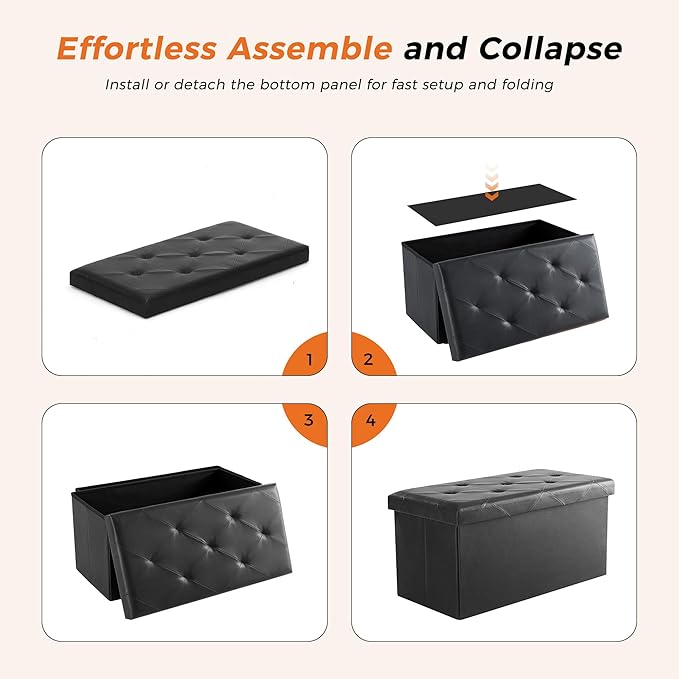 DUMOS Folding Storage Ottoman Bench 30in, Synthetic Leather Foot Rest Stools Ottoman with Storage Chest Footstool for Living Room, Bedroom, Load 660 lb, Vintage Black