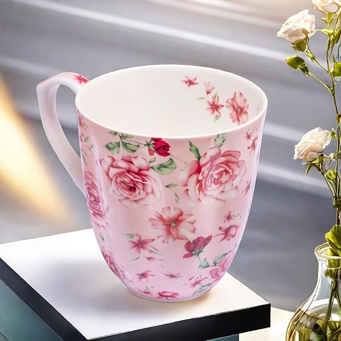 14oz Bone China Coffee Mugs for Women Floral Coffee Mug Tea Cups Novetly Coffee Cups Gift for Women Mom Friends (Pink rose)
