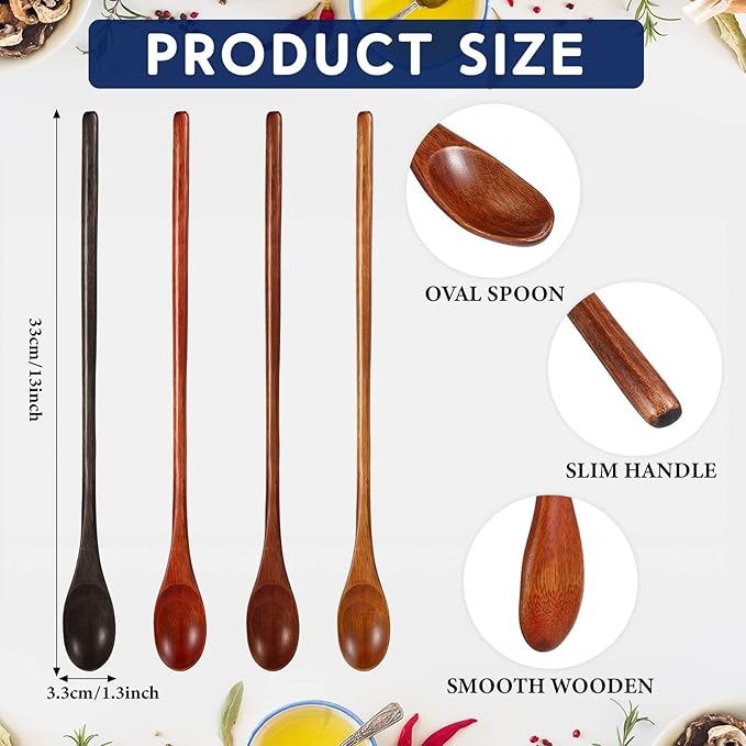 4 Pcs 13 Inch Long Handle Wooden Spoons for Cooking Long Handle Tasting Tea Spoon Wooden Utensils Vintage Stirrer for Kitchen Soup Coffee Cocktail Honey Mixing Stirring, 4 Colors