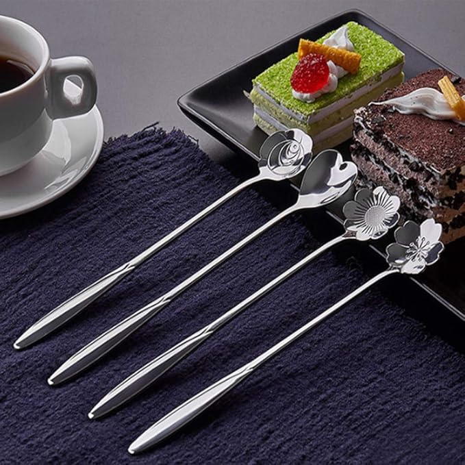 Stainless Steel Creative Long Handle Spoon Set - Mixing, Tea, Cake, Sugar, Dessert, Ice Cream, Cocktail Stirring, Coffee, Milkshake, Cold Drink - 4 Pieces
