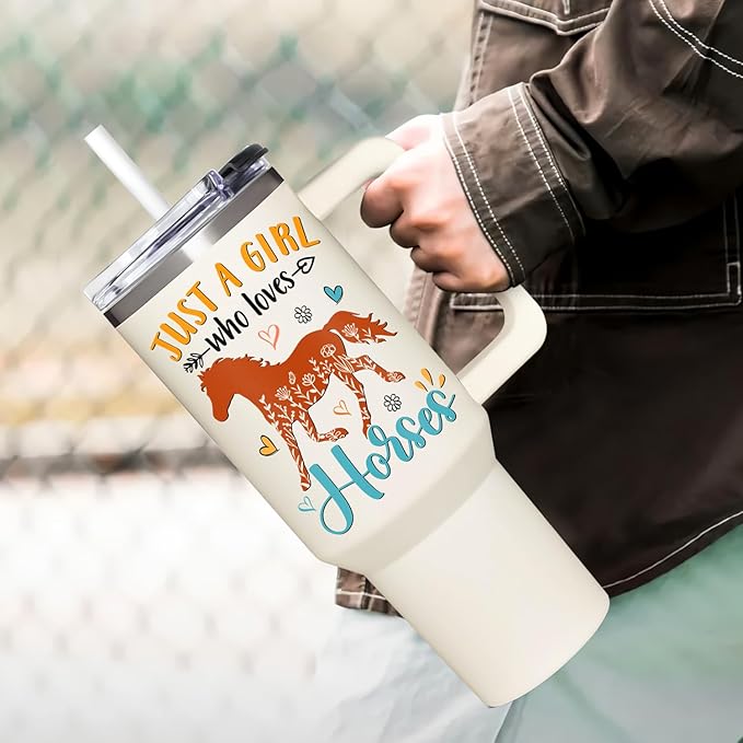 Horse Gifts For Girls - Horse Gifts for Women - Christmas, Mothers Day, Birthday Gift For Horses Lovers - Horses Riding Lover Gift - 40Oz Tumbler With Handle & Straw