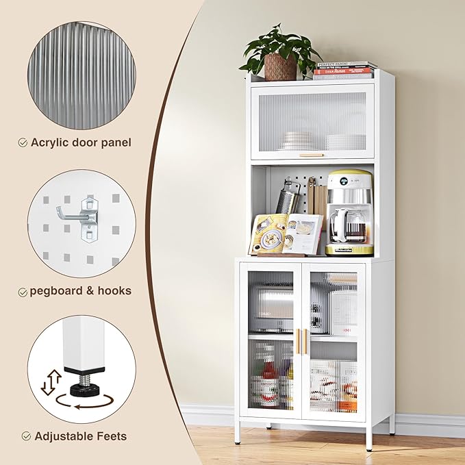 Letaya Metal Kitchen Pantry Cabinet,72.6" Tall Kitchen Bakers Rack with Storage, Coffee Hutch with countertop,Metal Microwave Stand with Glass Doors for Dining Room, Laundry, Hallway,White