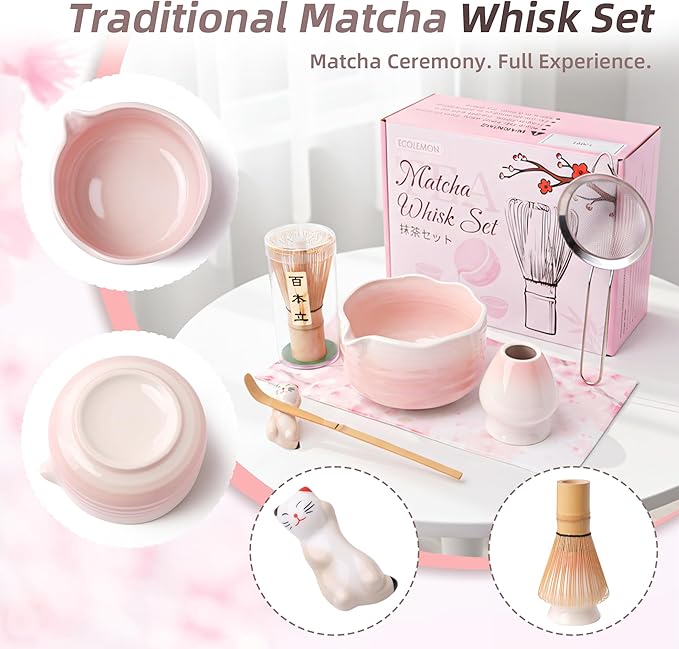 Pink Matcha Set, 7 Pcs Matcha Kit with Matcha Bowl with Spout, Bamboo Whisk & Holder, Tea Towel, Stainless Sifter, Bamboo Scoop & Rest, Cute Macha Gift Set for Women Birthday Christmas