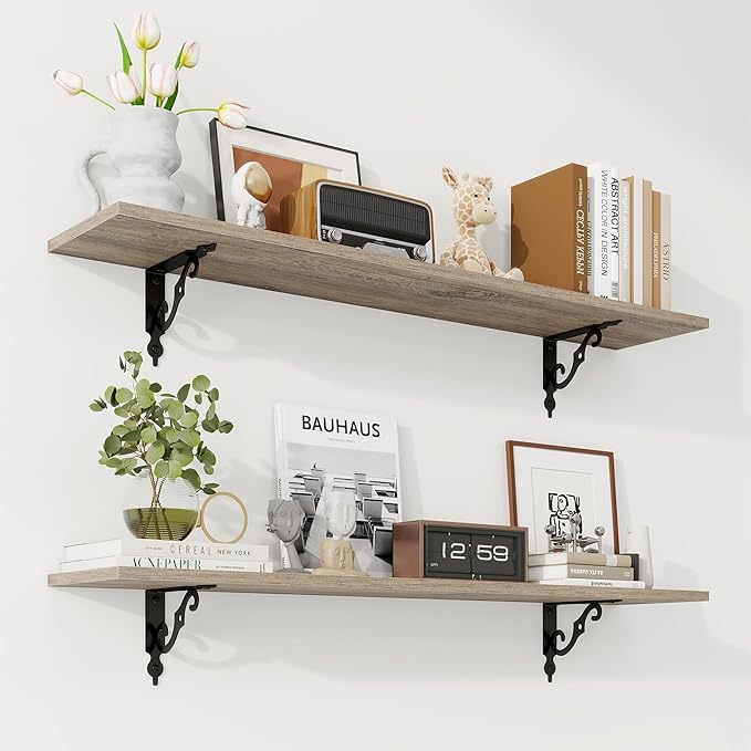 RICHFOCUS Floating Shelves for Wall Decor, 39.4W x 8D Shelves Set of 2, 8 Inch Deep Rustic Wood Shelves Wall Mounted with Brackets, Long Floating Shelves for Living Room Bedroom Kitchen, Grey