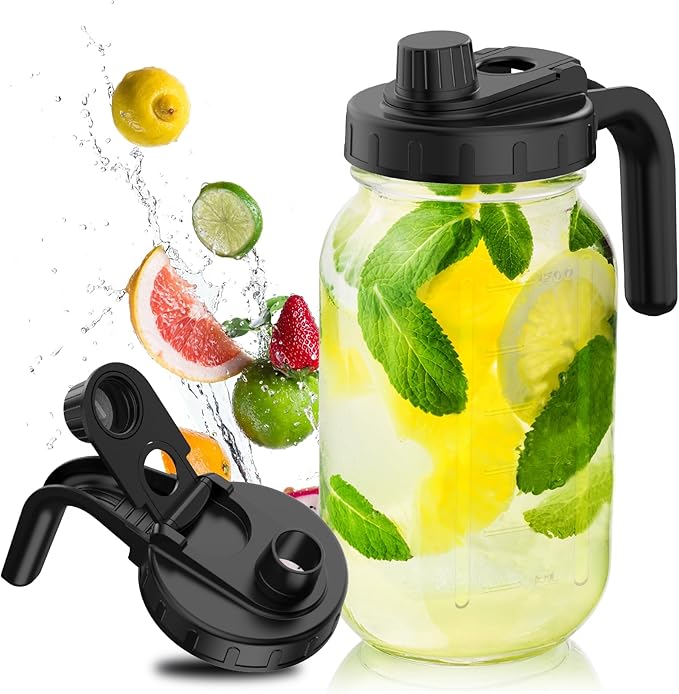 2 Pack 64oz Glass Mason Jar Pitchers with Leak-Proof Lids and Handles – Wide Mouth Design for Sun Tea, Cold Brew, Lemonade, Juice, Iced Tea, and Water
