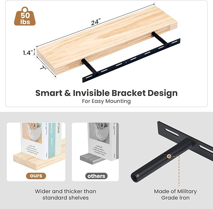 Fun Memories Wood Floating Shelves Set of 2, Rustic Pine Wood Floating Shelves for Wall Mounting, Wide Wall Shelf for Home Decor and Storage, 24" W x 7" D, Natural Unfinished, DIY Stain