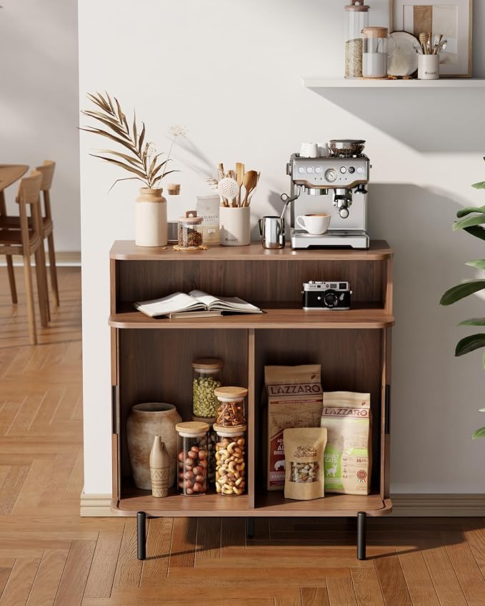 SUNCOZE Fluted Storage Cabinet with Sliding Tambour Doors, Sideboard Buffet Cabinet with Storage, Modern Accent Coffee Bar for Kitchen, Entryway, Living & Dining Room (Walnut)