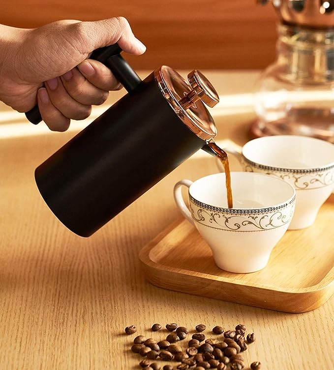 Miuly 12oz French Press for One Person, Small Coffee Press 350ml with 2 Filter Mesh, Double Wall Insulated French Press for Travel, Black
