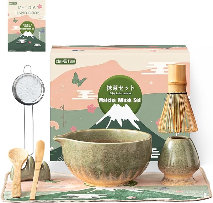 Matcha Whisk Set，9 Pcs Ceramic Matcha Set, 15 OZ Matcha Bowl with Spout and Whisk for Friend, Ideal Gift for Matcha Lover（Starry）