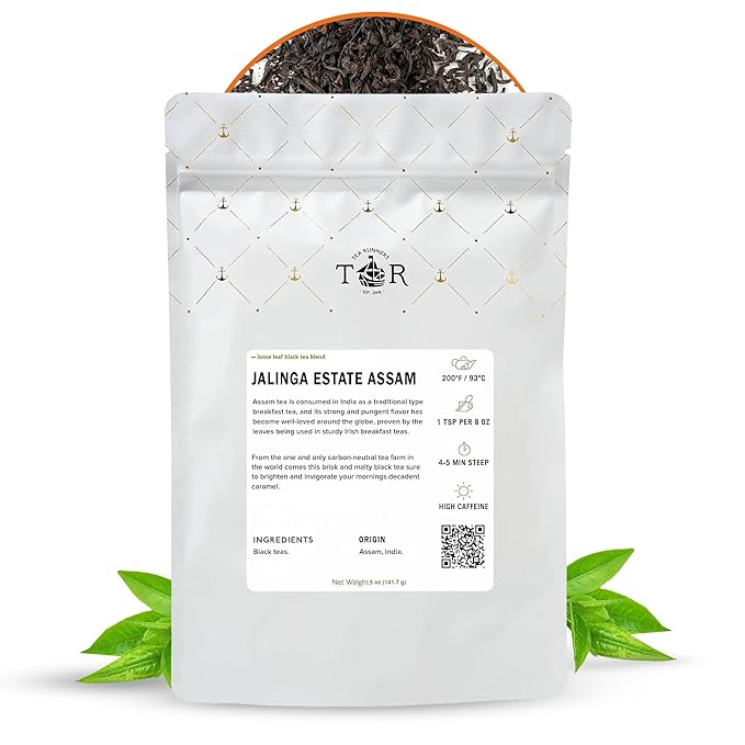 Tea Runners Jalinga Estate Assam Loose Leaf Black Tea | Bold, Malty Indian Breakfast Tea - Strong Full-Bodied Flavor | High Caffeine Morning Tea | Sustainably Grown - 5 oz