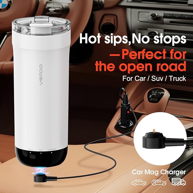 VSITOO S5 heated travel mug,16oz, Auto-Sensing AI Heats Drinks To 120-150°F Hands-Free. Temperature Control for All Cars, Perfect for Home/Office/Travel/Outdoor, Ideal Gift for Coffee Lovers - White