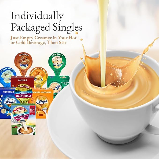 Coffee Creamer Singles Variety Pack Packaged by Bools, Mini Coffee Creamer & Mini Mooo's 5 Flavor Assortment (50 Pack) for Home, Office, Coffee, Bar, Gift