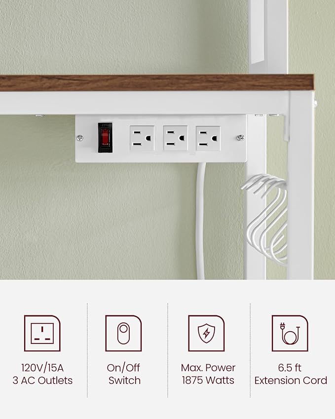 VASAGLE Bakers Rack with Power Outlet, Microwave Stand, Kitchen Tall Utility Storage Shelf, with Metal Wire Panel, 14 Hooks, 15.7 x 23.6 x 66.9 Inches, Rustic Walnut and Cloud White UKKS037W41