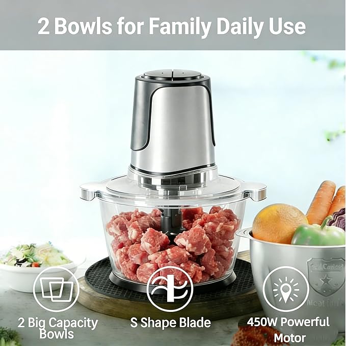 Simple Deluxe Electric Meat Grinders, 450W Mini Food Processor & Food Chopper with 2 Bowls (8 Cup+8 Cup) and 2 Bi-Level Blades for Fruits, Meat, Nuts, Baby Food, Silver