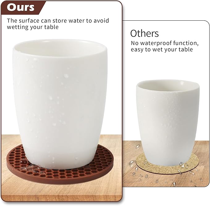 Coasters Set of 6,Coasters for Drinks,Coffee Table Decor Coaster with Holder,Suitable for Kinds Cup,Anti-SLI,Heat-Resisting,Silicone Cup Coaster and Home Decor (6 Pcs, Brown)
