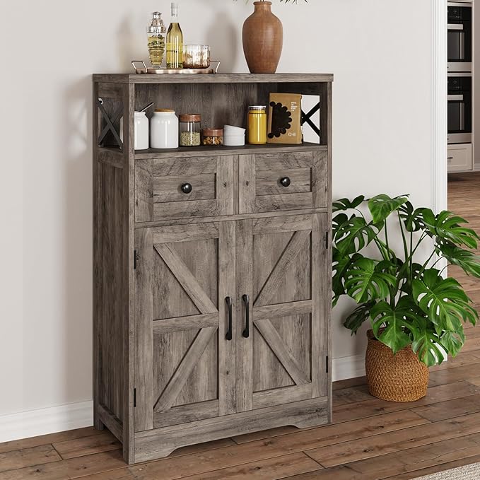 Farmhouse Storage Cabinet with Barn Doors and Open Shelf, Kitchen Pantry with Storage, Coffee Bar Station, Freestanding Cupboard Hutch Cabinet for Kitchen, Dinning Room, Livingroom, Grey