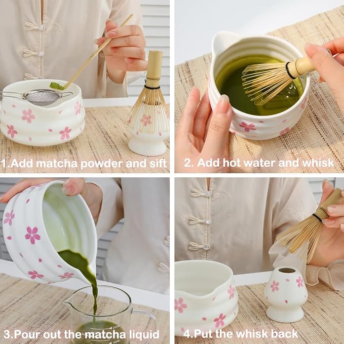 Cute Japanese Matcha Set of 5 Cherry Blossom,Matcha Whisk Set Sakura - Matcha Kit for Making Green Tea-Matcha Tools -Matcha Powder Kit-Starter Gift Set for Tea Lovers-Bowl and Whisk Holder Ceremonial