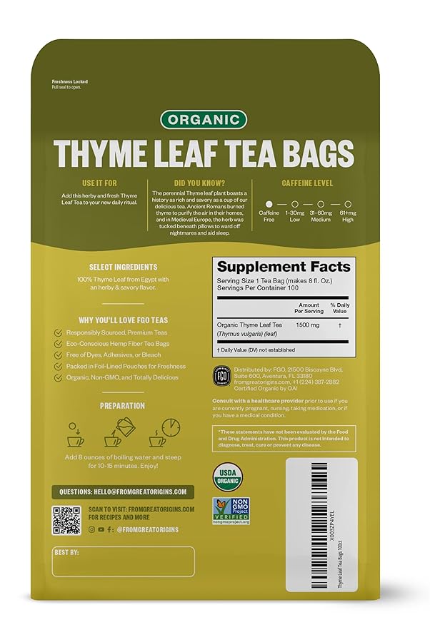 FGO Organic Thyme Leaf Tea, 100 Count, Eco-Conscious Tea Bags, Caffeine Free, Resealable Bag, Packaging May Vary (Pack of 1)
