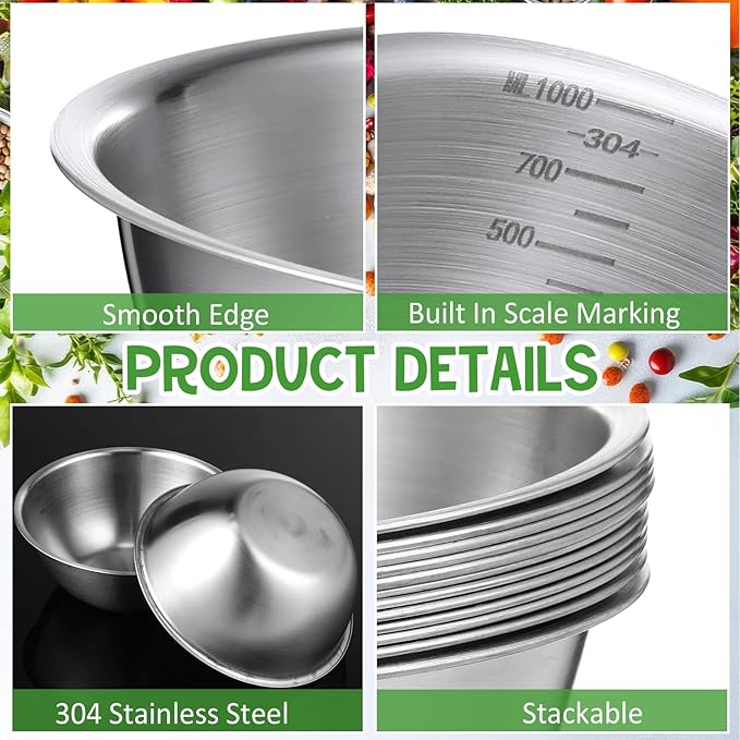 Honeydak 6 Pcs 304 Stainless Steel Mixing Bowls with Graduations, Salad Bowls Metal Serving Reusable Baking Food Storage Containers for Baking Cooking Salads Soups Ice Cream Noodles (84 oz)