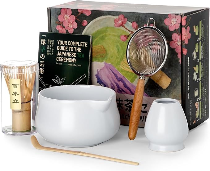 Nucookery Matcha Whisk Set - 5 Pcs Matcha Set with 18oz Ceramic Matcha Bowl (Chawan) with Spout, Bamboo Whisk & Holder, Scoop and Sifter | Complete Matcha Kit for Japanese Tea Ceremony (White)