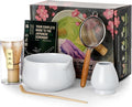 Nucookery Matcha Whisk Set - 5 Pcs Matcha Set with 18oz Ceramic Matcha Bowl (Chawan) with Spout, Bamboo Whisk & Holder, Scoop and Sifter | Complete Matcha Kit for Japanese Tea Ceremony (White)