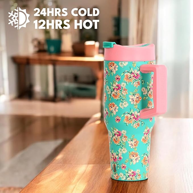 Elemental 32 oz 100% Leak Proof Tumbler with Handle & Straw - Stainless Steel Double Wall Insulated Tumbler for Hot and Cold Beverages - Travel Coffee Mug with Sip & Straw Lid - Vintage Flower