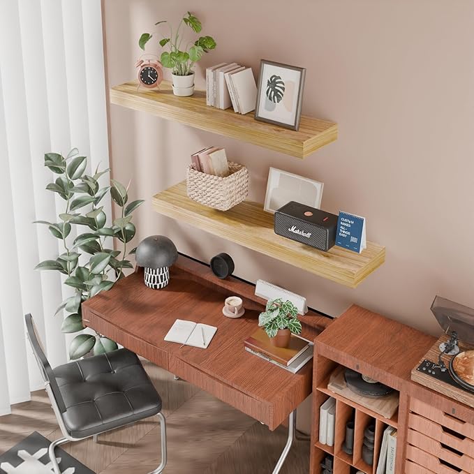 IAE Floating Wall Shelves 24 inch,Bathroom Shelf Wall Mounted,Invisible Shelf Floating Kitchen Shelves,Wooden Wall Shelving with Brackets for Living Room Wall Mounted,Easy Install,Set of 2,Natural